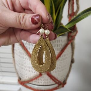 Romantic Etched Gold And Pearl Drop Earrings
